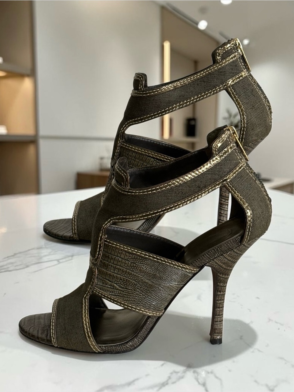 Tory Burch Geoff Caged High Heel Olive Gold Gladiator Sandals! Size 8 - Picture 2 of 16
